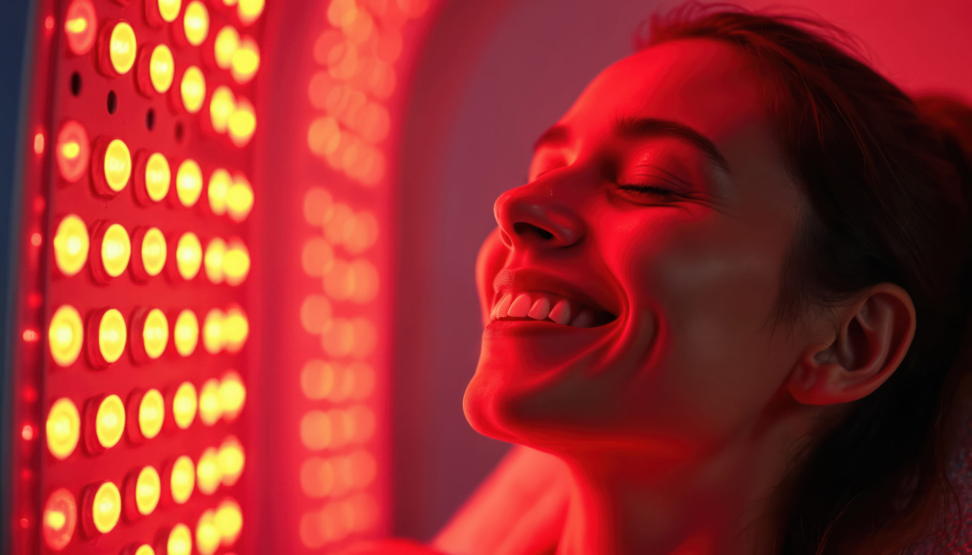 Red light facial therapy results - collagen production and skin rejuvenation Woman smiling during red light facial therapy showing natural glow and collagen boosting results at REDSOL Wellness Club League City TX