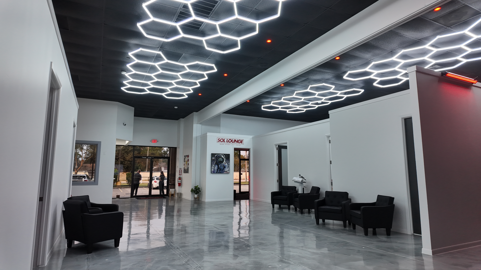REDSOL Sol Lounge interior - League City TX REDSOL Sol Lounge wellness interior with modern hexagon lighting in League City Texas