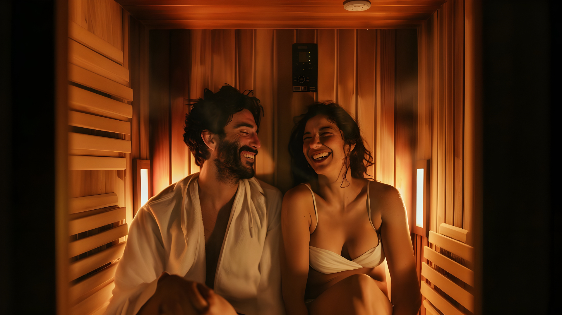 Infrared sauna therapy for athletes, pain sufferers, and wellness seekers Couple enjoying infrared sauna therapy session together in warm amber glow at REDSOL Wellness Club League City TX