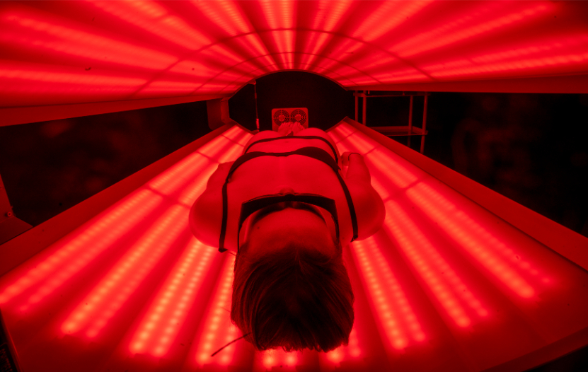 POV of red light therapy bed session in League City Texas